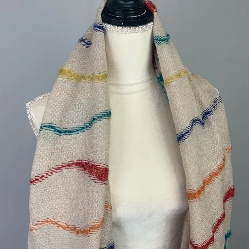 Ahujasons Wool Modal Cream Rainbow Striped Scarf Wrap Artsy Fringe Boho 26”x78”